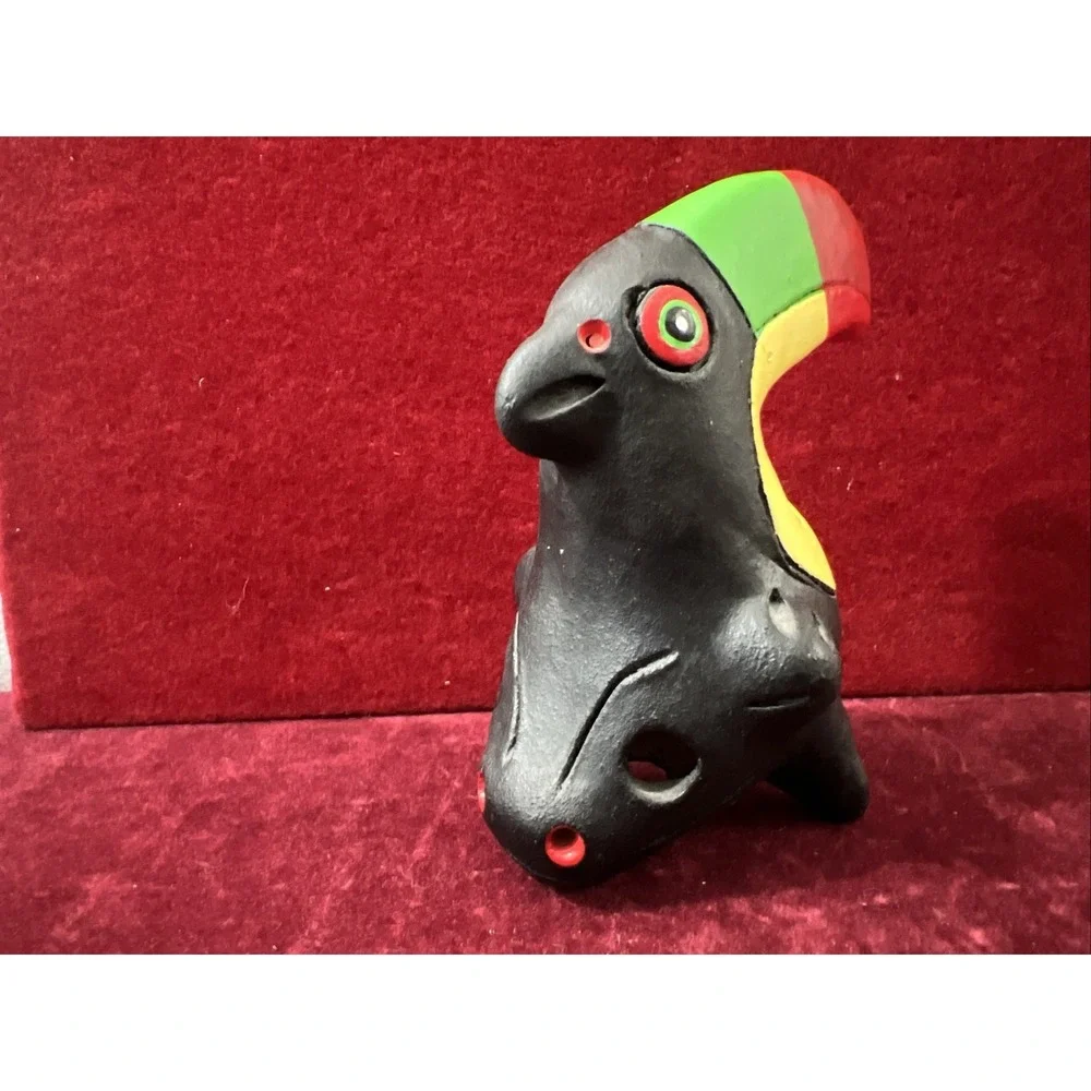 Handmade Black‎ Toucan Bird Clay Whistle Ocarina Folk Art Mexico Red Green Yello